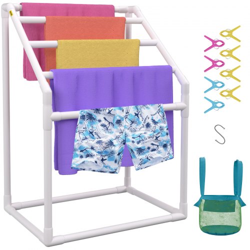 Handdukshängare för pool, 5 stänger, vit, fristående utomhus PVC trapetsformad förvaringsorganisatör för poolkanten, inkluderar 8 handduksklämmor, nätpåse, krok, förvarar även flytplagg och paddlar, för strand, pool