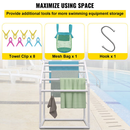 Handdukshängare för pool, 5 stänger, vit, fristående utomhus PVC trapetsformad förvaringsorganisatör för poolkanten, inkluderar 8 handduksklämmor, nätpåse, krok, förvarar även flytplagg och paddlar, för strand, pool