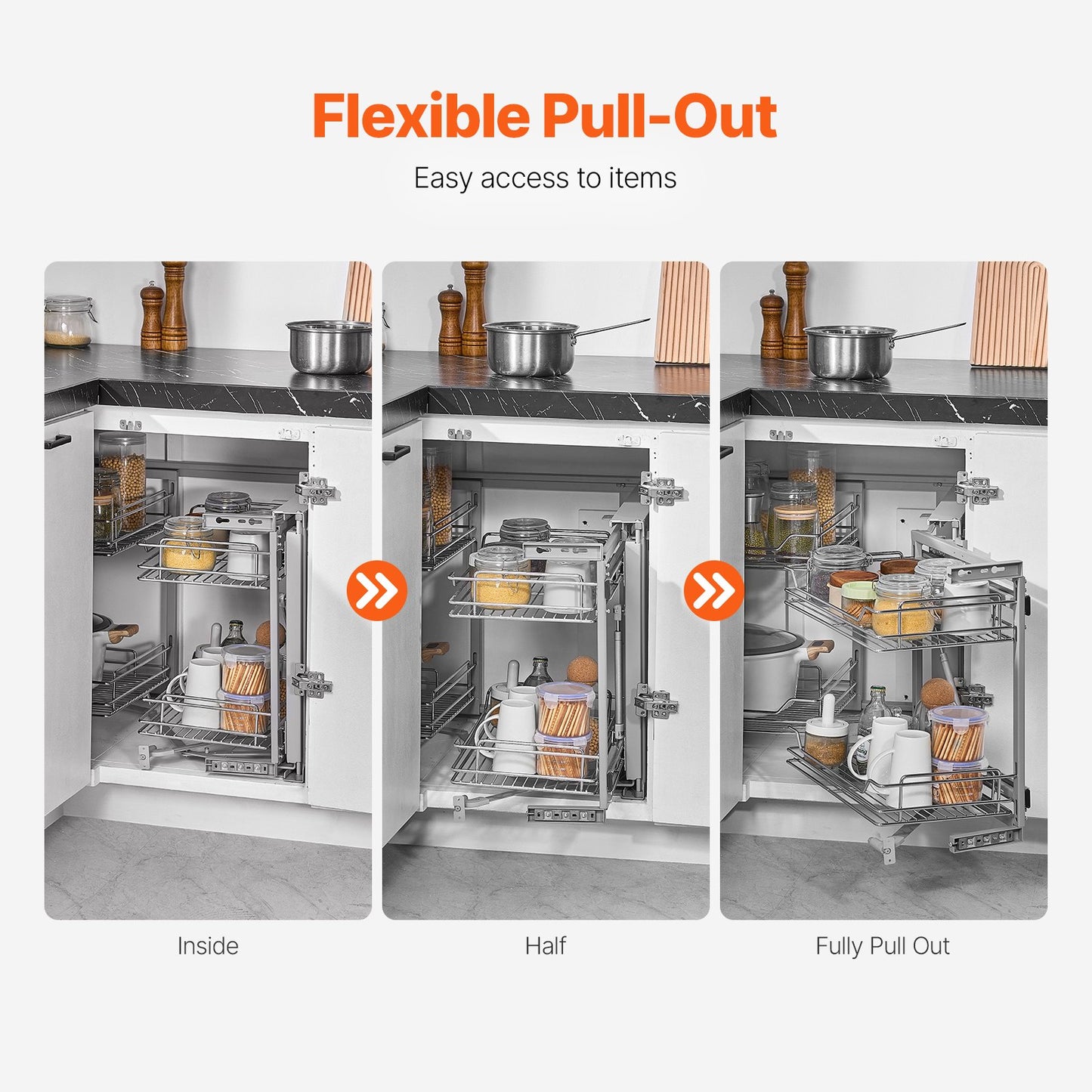 Utdragbar organisatör för blindhörn, köksskåp i 2 nivåer med 4 hyllor, förvaringskorg i kromstål, utdragbar förvaring, kompatibel med vänster- och högeröppning