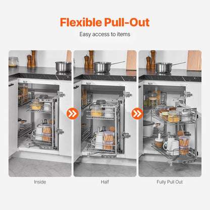 Utdragbar organisatör för blindhörn, köksskåp i 2 nivåer med 4 hyllor, förvaringskorg i kromstål, utdragbar förvaring, kompatibel med vänster- och högeröppning