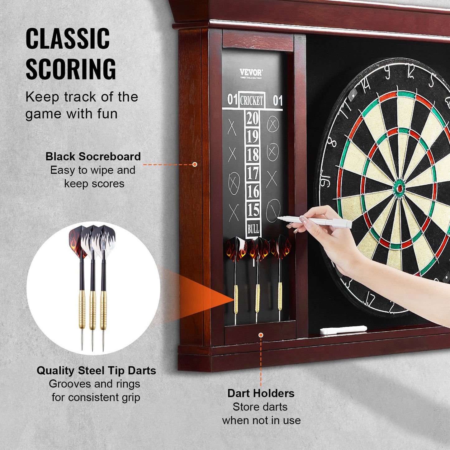 Darttavla och skåpset, spelklart paket Darttavlaskåpset i officiell storlek, Dartskåp i stålspets, Enkel montering, Komplett med alla tillbehör, Perfekt för cricketmatcher