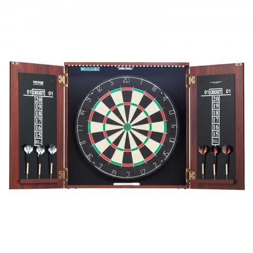 Darttavla och skåpset, färdigt att spela paket Darttavlaskåp i officiell storlek, Stålspetsad dartskåp med dold plats, Med LED-ljus, Enkel montering, Komplett med alla tillbehör, för cricketmatcher