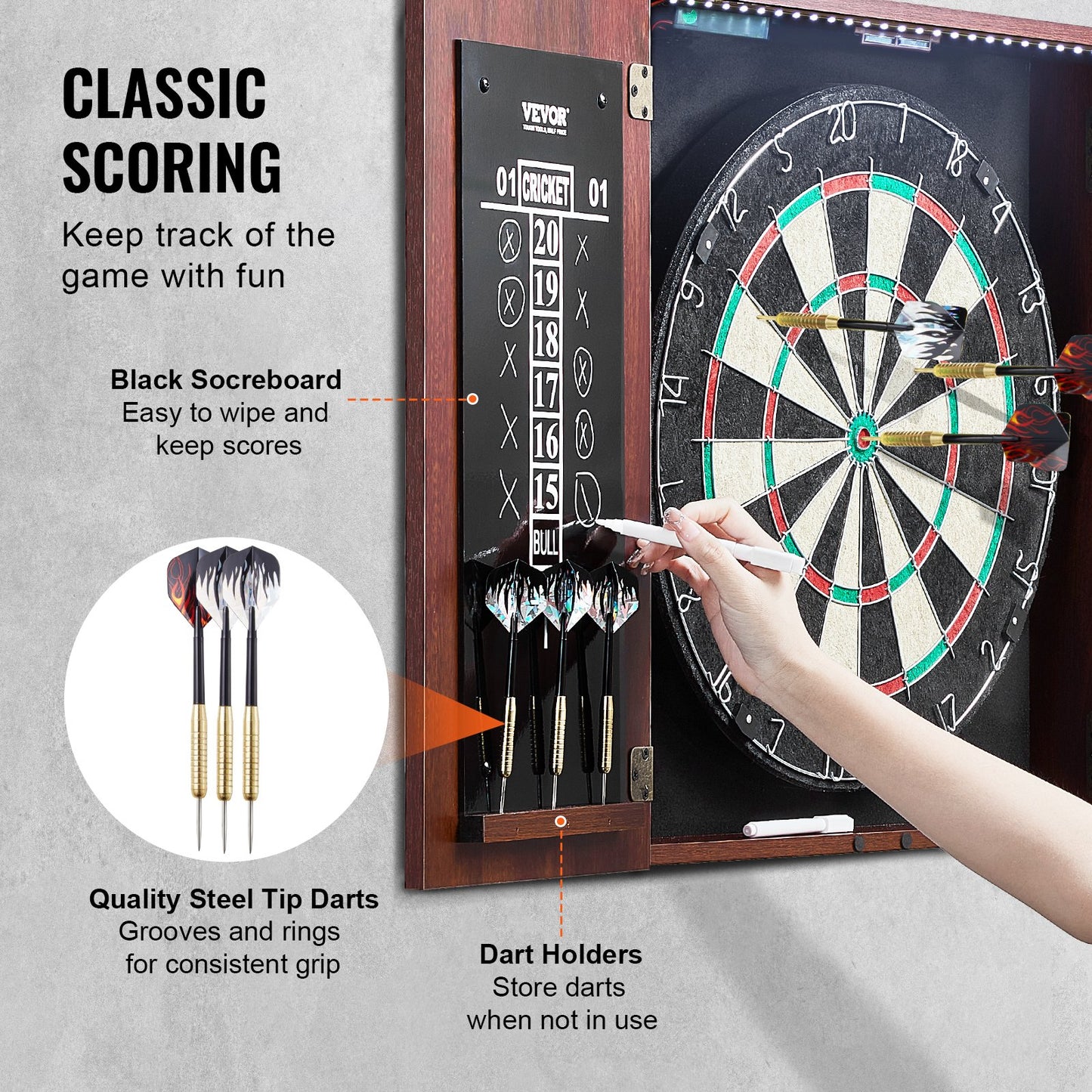 Darttavla och skåpset, färdigt att spela paket Darttavlaskåp i officiell storlek, Stålspetsad dartskåp med dold plats, Med LED-ljus, Enkel montering, Komplett med alla tillbehör, för cricketmatcher