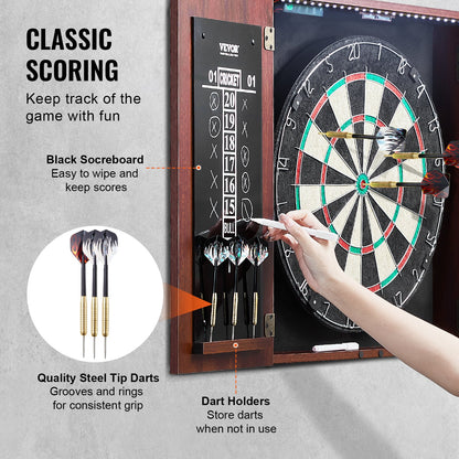 Darttavla och skåpset, färdigt att spela paket Darttavlaskåp i officiell storlek, Stålspetsad dartskåp med dold plats, Med LED-ljus, Enkel montering, Komplett med alla tillbehör, för cricketmatcher
