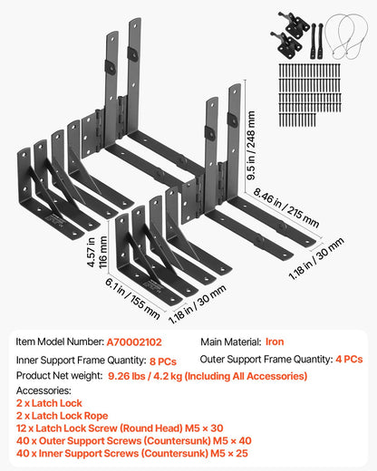 Gate Corner Brace Bracket, 2 Sets, Anti Sag Gate Frame Hardware Kit, Gate Frame Brace Bracket with Latch Lock, Screws, for Shed Doors, Corral Gates, Driveway Gates, Wood Windows, Iron, Black