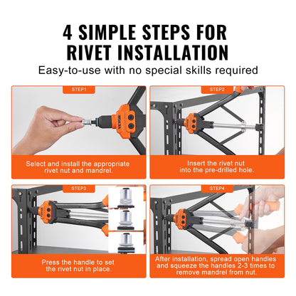 Nitmutterverktyg, 40,6 cm nitmutterverktygssats med 13 st metriska och SAE-dorn, 186 st nitmuttrar, M3, M4, 10-24, M5, M6, 1/4-20, 8-32, 5/16-18, M8, 3/8-16, M10, M12, 1/2-13, halvautomatisk återdragning
