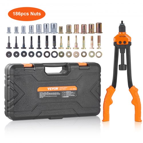 Nitmutterverktyg, 40,6 cm nitmutterverktygssats med 13 st metriska och SAE-dorn, 186 st nitmuttrar, M3, M4, 10-24, M5, M6, 1/4-20, 8-32, 5/16-18, M8, 3/8-16, M10, M12, 1/2-13, med bärväska