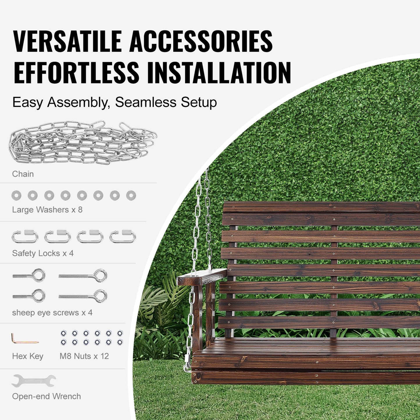 Wooden Porch Swing 4.5 ft, Patio bench swing for Courtyard & Garden, Upgraded 880 lbs Strong Load Capacity, Heavy Duty Swing Chair Bench with Hanging Chains for Outdoors, Carbonized Brown