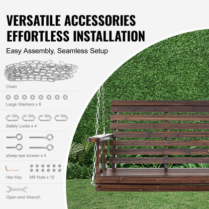 Wooden Porch Swing 4.5 ft, Patio bench swing for Courtyard & Garden, Upgraded 880 lbs Strong Load Capacity, Heavy Duty Swing Chair Bench with Hanging Chains for Outdoors, Carbonized Brown