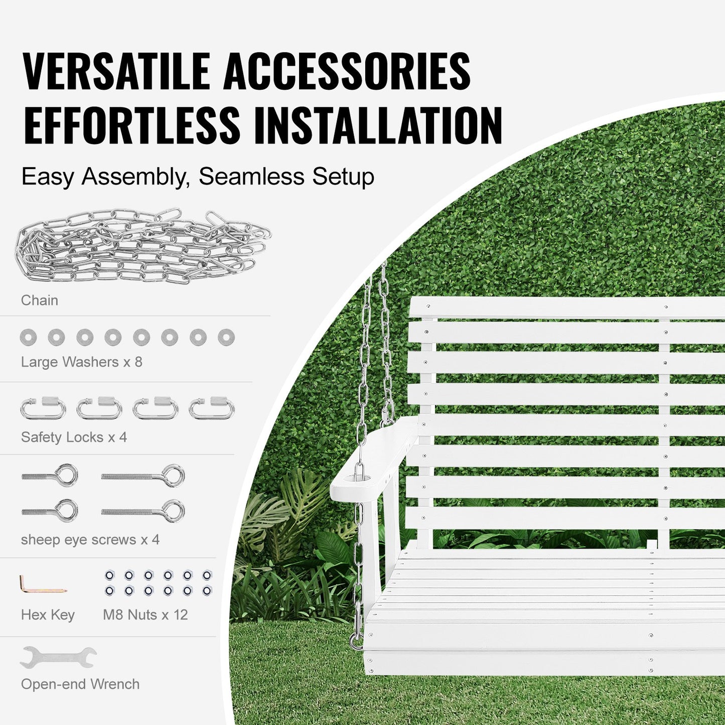 Wooden Porch Swing 4 ft, Patio bench swing for Courtyard & Garden, Upgraded 880 lbs Strong Load Capacity, Heavy Duty Swing Chair Bench with Hanging Chains for Outdoors, White