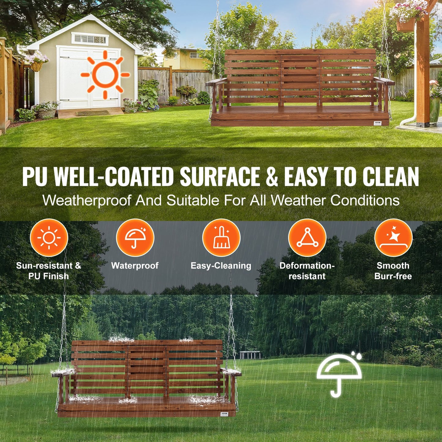 Wooden Porch Swing 5 ft, Patio bench swing for Courtyard & Garden, Upgraded 880 lbs Strong Load Capacity, Heavy Duty Swing Chair Bench with Hanging Chains for Outdoors, Brown