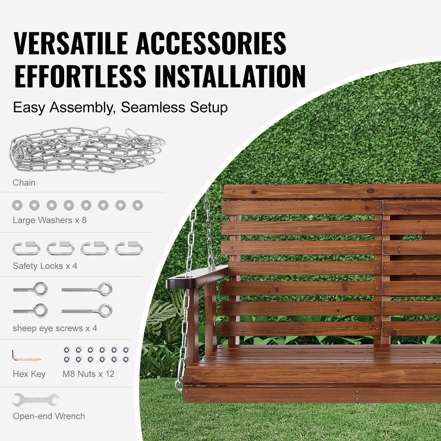 Wooden Porch Swing 5 ft, Patio bench swing for Courtyard & Garden, Upgraded 880 lbs Strong Load Capacity, Heavy Duty Swing Chair Bench with Hanging Chains for Outdoors, Brown