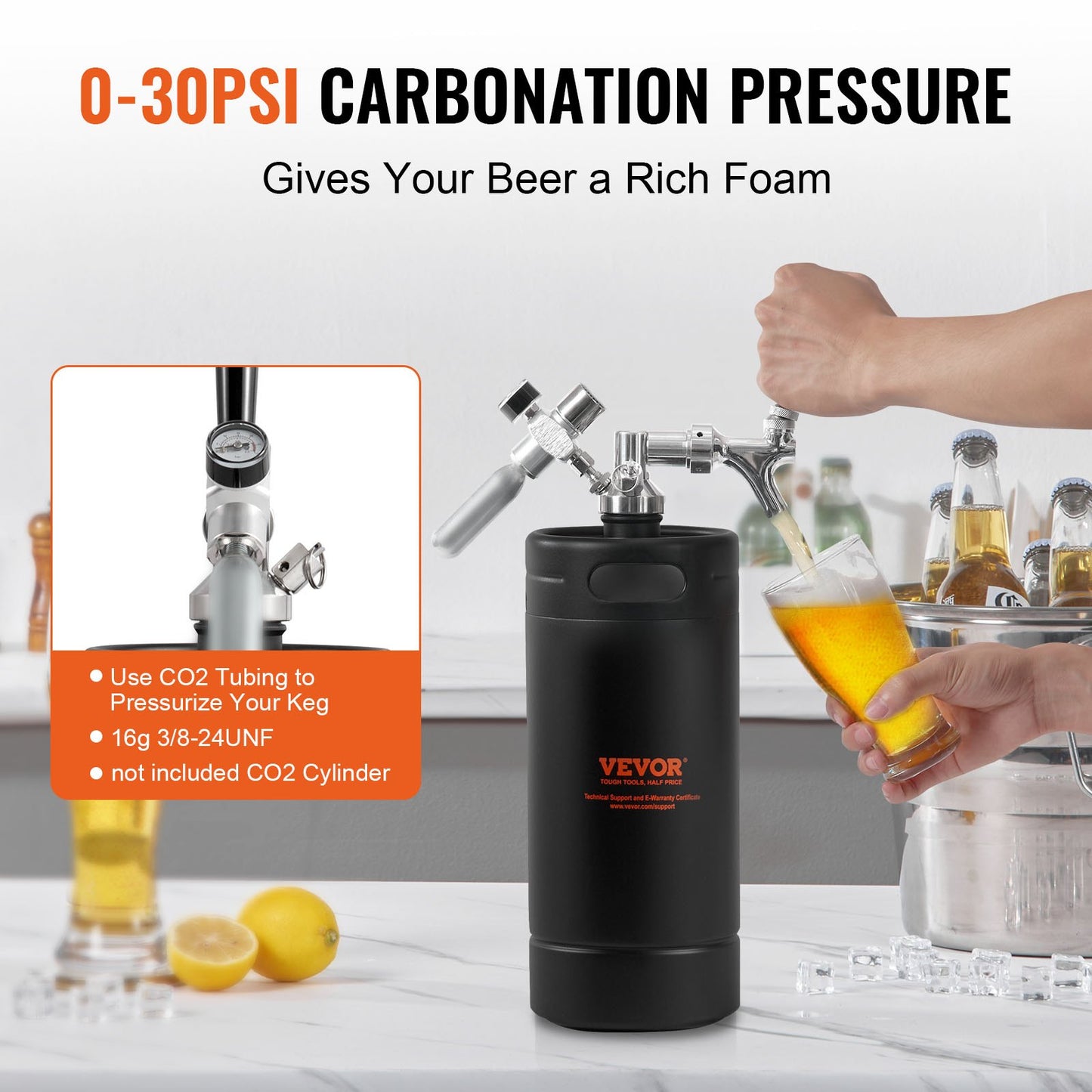 Ölgrowler-tappsystem, 128 oz 4 l minifat, tryckölgrowler i 304 rostfritt stål, fatgrowler med tryckdisplay, CO2-regulator, läckagesäker ring för fatöl, hembryggning, hantverksöl
