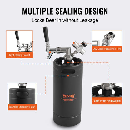 Ölgrowler-tappsystem, 128 oz 4 l minifat, tryckölgrowler i 304 rostfritt stål, fatgrowler med tryckdisplay, CO2-regulator, läckagesäker ring för fatöl, hembryggning, hantverksöl