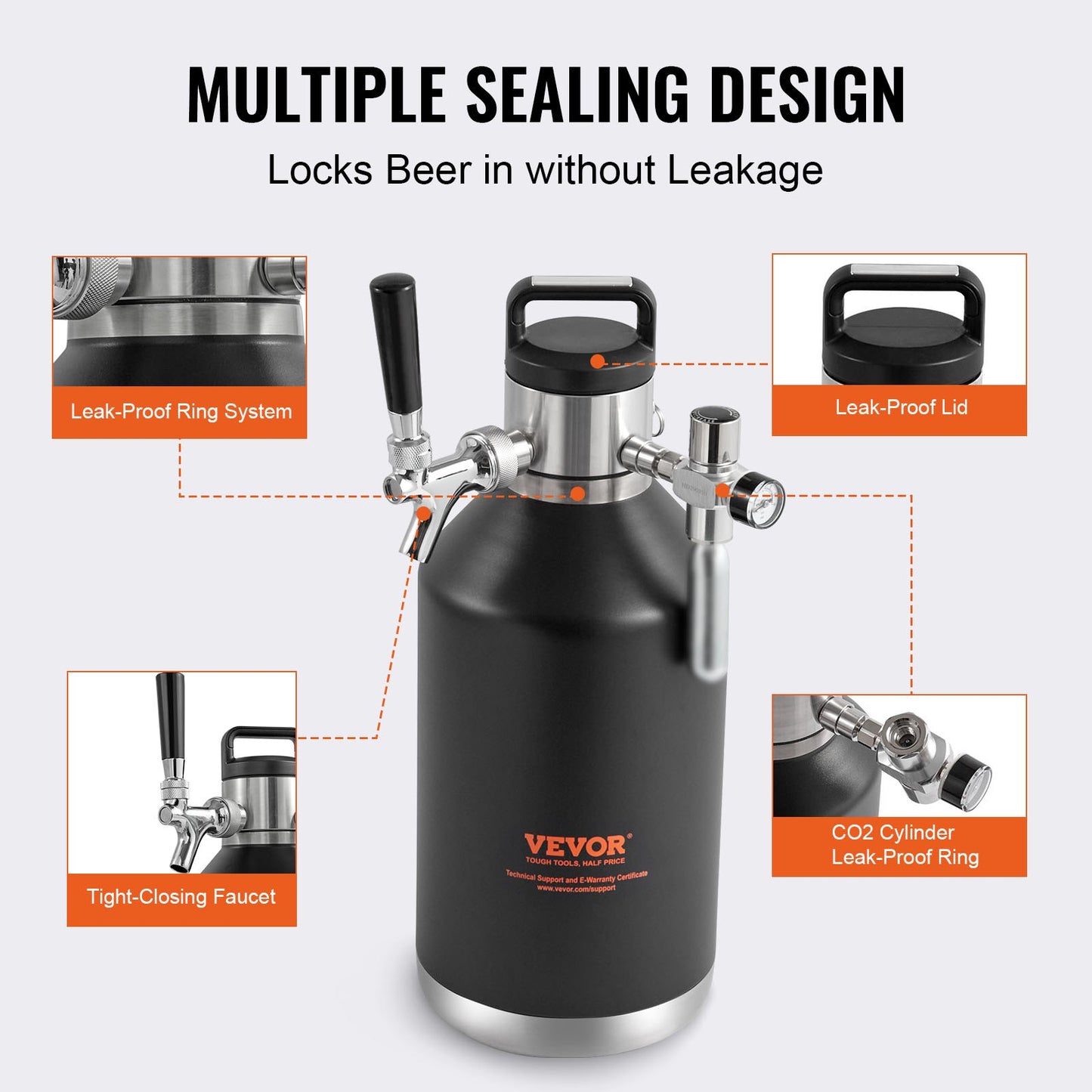 Ölgrowler-tappsystem, 128 oz 4 l minifat, tryckölgrowler i 304 rostfritt stål, fatgrowler med tryckdisplay, CO2-regulator, läckagesäker ring för fatöl, hembryggning, hantverksöl