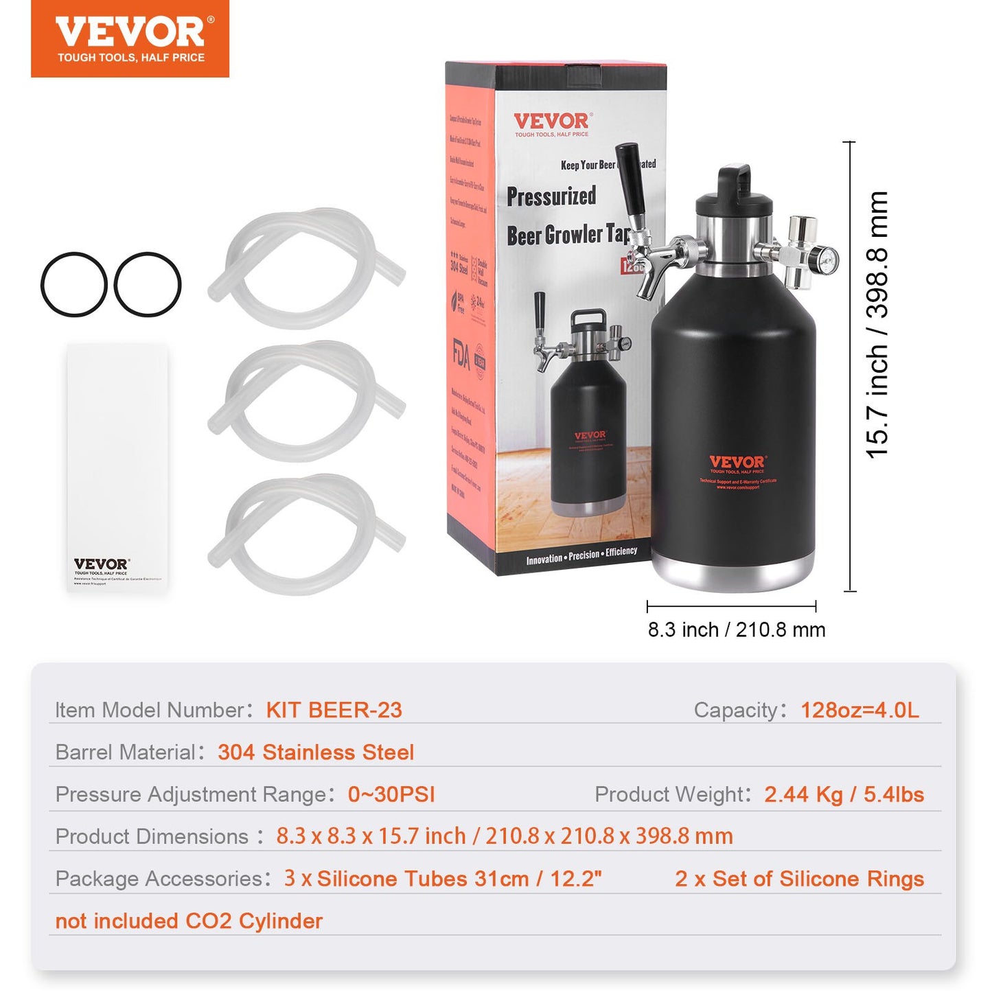 Ölgrowler-tappsystem, 128 oz 4 l minifat, tryckölgrowler i 304 rostfritt stål, fatgrowler med tryckdisplay, CO2-regulator, läckagesäker ring för fatöl, hembryggning, hantverksöl