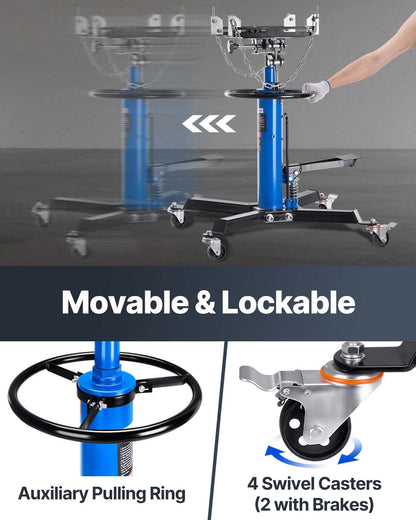 Domkraft, hydraulisk teleskopisk domkraft, 0,5 ton/1100 lbs kapacitet, 2-stegs domkraftsstativ med fotpedal, 360° svängbart hjul, garage-/butikslyft, blå