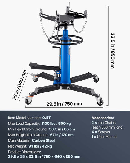 Domkraft, hydraulisk teleskopisk domkraft, 0,5 ton/1100 lbs kapacitet, 2-stegs domkraftsstativ med fotpedal, 360° svängbart hjul, garage-/butikslyft, blå