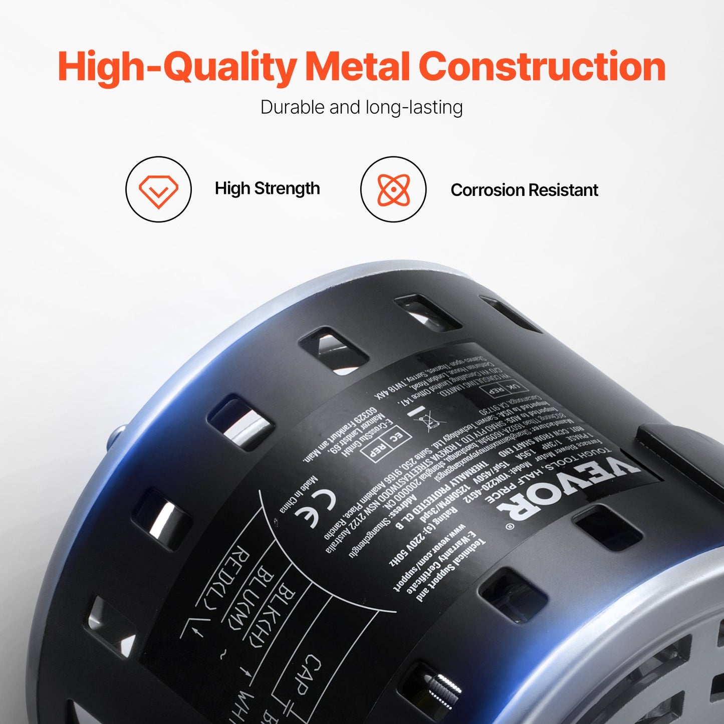 1/3 hk ugnsfläktmotor, 220 V 1,95 ampere, 1250 varv/min 3-växlad, 10 mm axeldiameter, 20 mm axellängd, roterar moturs från axeländen, inkluderar CBB60 15 μF/450 V kondensator