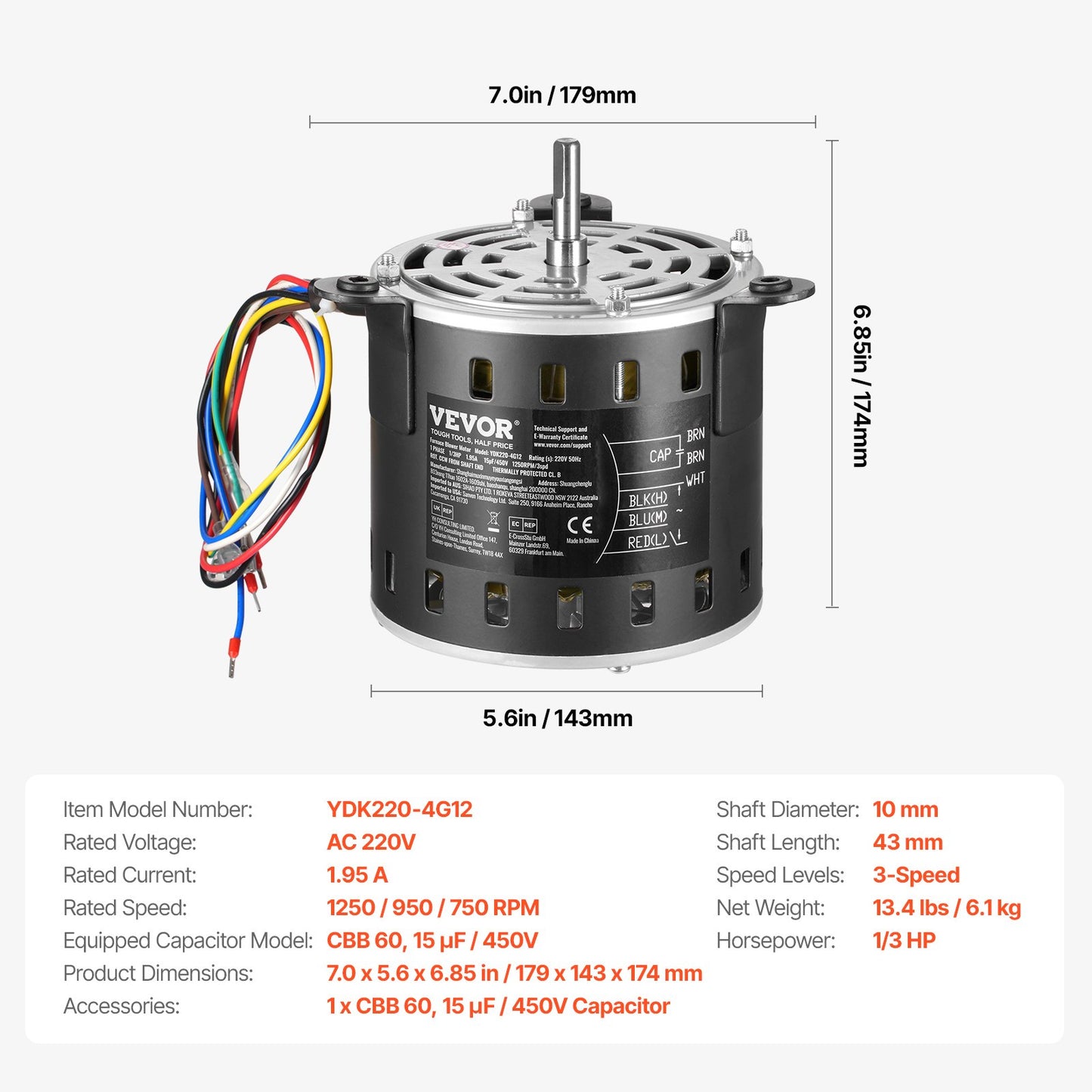 1/3 hk ugnsfläktmotor, 220 V 1,95 ampere, 1250 varv/min 3-växlad, 10 mm axeldiameter, 20 mm axellängd, roterar moturs från axeländen, inkluderar CBB60 15 μF/450 V kondensator