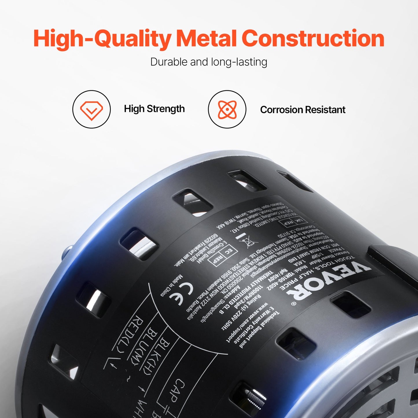 1/5 hk ugnsfläktmotor, 220 V 1,45 ampere, 1100 varv/min 3-växlad, 10 mm axeldiameter, 20 mm axellängd, roterar moturs från axeländen, inkluderar CBB60 8 μF/450 V kondensator