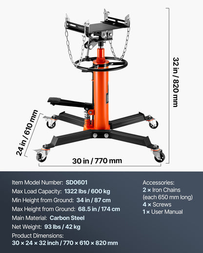 Domkraft, 600 kg hydraulisk teleskopisk domkraft, 81-170 cm höglyftande domkraft med fotpedal, 360° svängbart hjul, hydraulisk domkraft, garage-/butikslyft