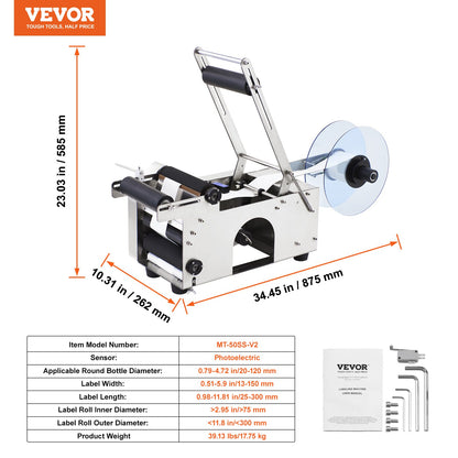Halvautomatisk rund etiketteringsmaskin, 20-50 st/min, elektrisk etikettapplikator för runda flaskor, etiketteringsmaskin för runda flaskor lämplig för flaskdiameter 0,79-4,72 tum (med pressstång)