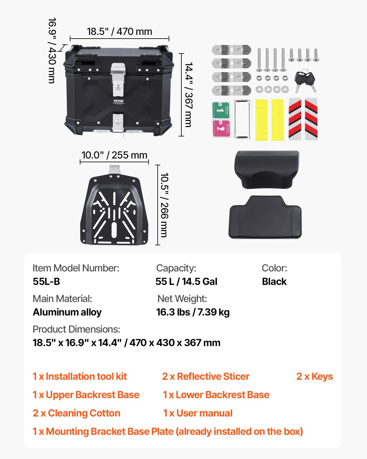 Motorcykeltoppbox, universal bakbox i aluminiumlegering med läderfoder, 55L vattentät avtagbar motorcykeltoppbox med lås och ryggstöd, passar 99% av motorcykelramar