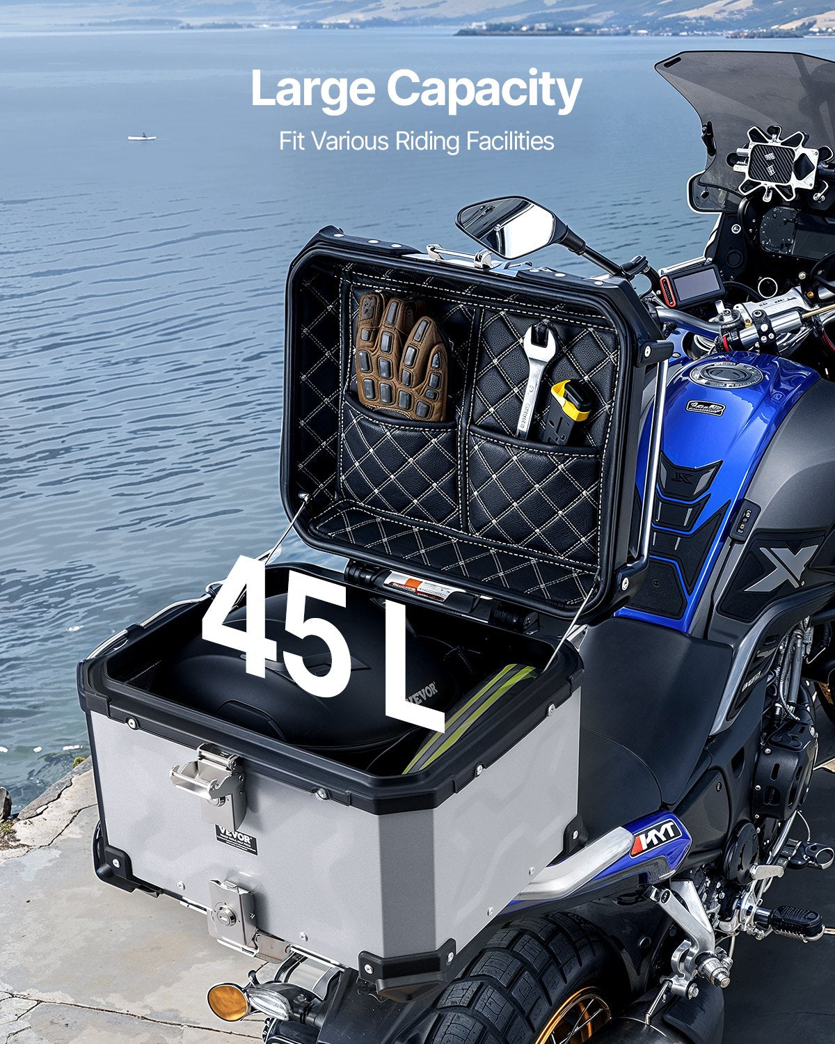 Motorcykeltoppbox, universal bakbox i aluminiumlegering med läderfoder, 45L vattentät avtagbar toppbox med lås och ryggstöd, passar 99% av motorcykelramar