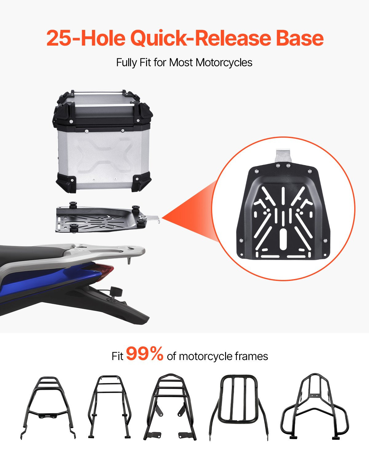 Motorcykeltoppbox, universal bakbox i aluminiumlegering med läderfoder, 45L vattentät avtagbar toppbox med lås och ryggstöd, passar 99% av motorcykelramar