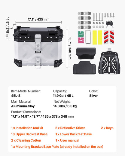 Motorcykeltoppbox, universal bakbox i aluminiumlegering med läderfoder, 45L vattentät avtagbar toppbox med lås och ryggstöd, passar 99% av motorcykelramar