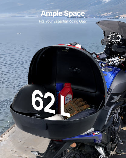 Motorcykeltoppbox, universal, slitstark PP-material, bakbox med reflekterande panel, 62L vattentät, avtagbar toppbox med bas med flera hål, passar 99 % av motorcykelramar