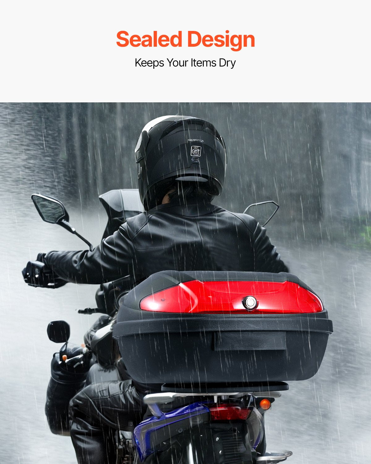 Motorcykeltoppbox, universal, slitstark PP-material, bakbox med reflekterande panel, 62L vattentät, avtagbar toppbox med bas med flera hål, passar 99 % av motorcykelramar