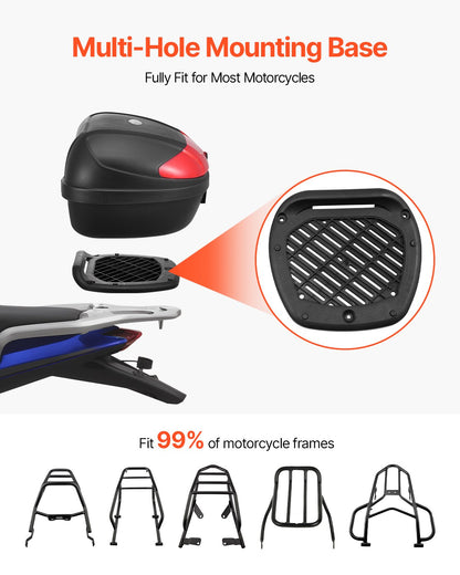 Motorcykeltoppbox, universal, slitstark PP-material, bakbox med reflekterande panel, 62L vattentät, avtagbar toppbox med bas med flera hål, passar 99 % av motorcykelramar