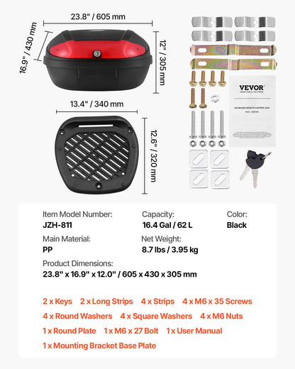 Motorcykeltoppbox, universal, slitstark PP-material, bakbox med reflekterande panel, 62L vattentät, avtagbar toppbox med bas med flera hål, passar 99 % av motorcykelramar