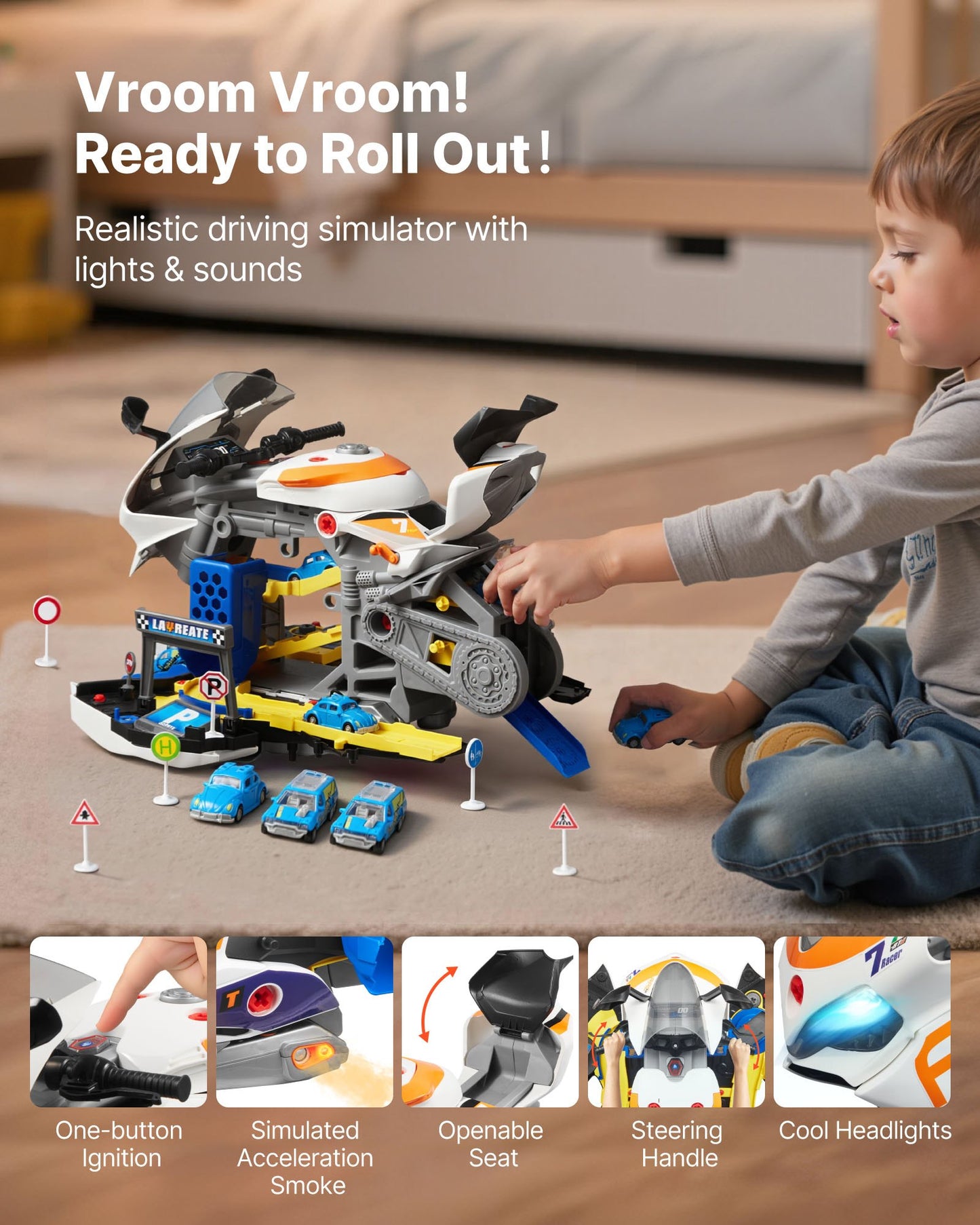 Motorcykelmotorleksak, 25 delar, motorcykelmekanikerleksak med avtagbara delar, ljus och ljud, simulerad körning och banracing, barnmekanikerverkstadsset för småbarn 3 år och uppåt, gul