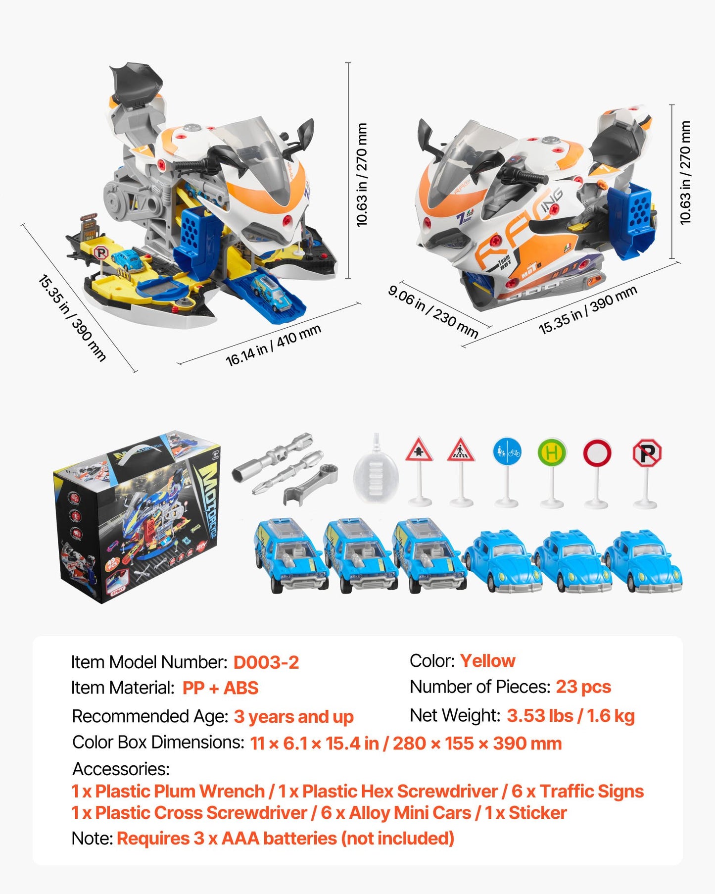 Motorcykelmotorleksak, 25 delar, motorcykelmekanikerleksak med avtagbara delar, ljus och ljud, simulerad körning och banracing, barnmekanikerverkstadsset för småbarn 3 år och uppåt, gul
