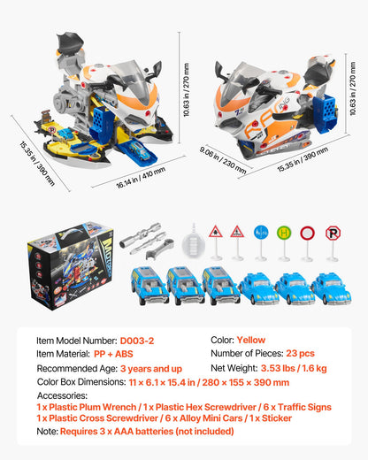 Motorcykelmotorleksak, 25 delar, motorcykelmekanikerleksak med avtagbara delar, ljus och ljud, simulerad körning och banracing, barnmekanikerverkstadsset för småbarn 3 år och uppåt, gul