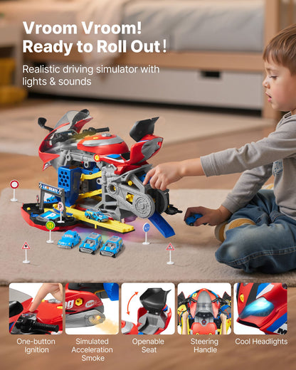 Motorcykelmotorleksak, 25 delar, motorcykelmekanikerleksak med avtagbara delar, ljus och ljud, simulerad körning och banracing, barnmekanikerverkstadsset för småbarn 3 år och uppåt, röd