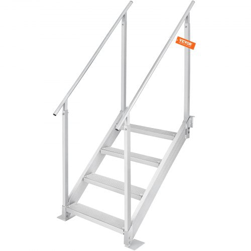 Bryggstege med 4 steg, bryggtrappa 30''-38'' justerbar höjd, 500 lbs lastkapacitet, pontonbåtstege i aluminium med dubbla ledstänger och halkfri pedal för ombordstigning på fartyg/sjö/pool/marin