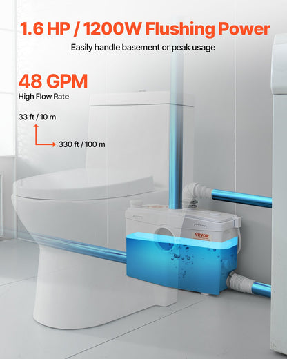 Maceratorpump, 1200 W, 180 l/min (48 gpm) flöde, 10 m tryck, macerator avloppstoalettpump med 4 vatteninlopp, uppspolningsmaskin för avloppsvattenhantering, toalett, källare, dusch, handfat, tvättstuga, badkar