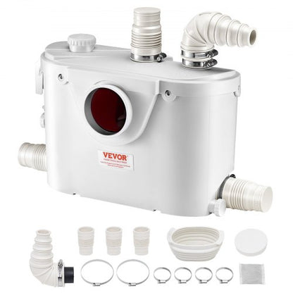 Maceratorpump, 500 W, 110 l/min (29 GPM) flöde, 26 ft/8 m tryck, macerator avloppstoalettpump med 4 vatteninlopp, uppspolningsmaskin för avloppsvattenavfall för toalett, källare, dusch, handfat, tvättstuga, badkar
