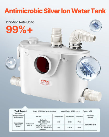 Maceratorpump, 500 W, 110 l/min (29 GPM) flöde, 26 ft/8 m tryck, macerator avloppstoalettpump med 4 vatteninlopp, uppspolningsmaskin för avloppsvattenavfall för toalett, källare, dusch, handfat, tvättstuga, badkar