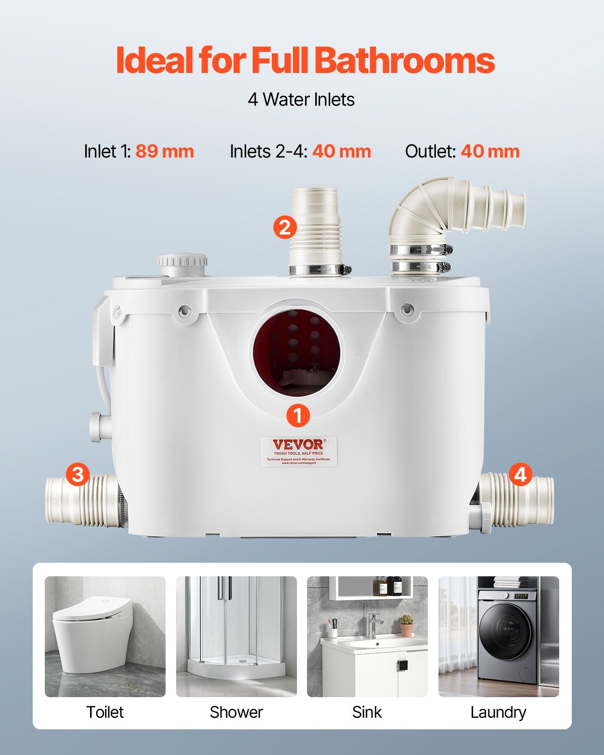Maceratorpump, 500 W, 110 l/min (29 GPM) flöde, 26 ft/8 m tryck, macerator avloppstoalettpump med 4 vatteninlopp, uppspolningsmaskin för avloppsvattenavfall för toalett, källare, dusch, handfat, tvättstuga, badkar