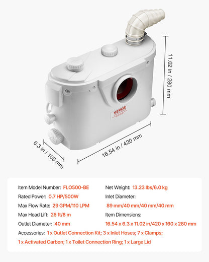 Maceratorpump, 500 W, 110 l/min (29 GPM) flöde, 26 ft/8 m tryck, macerator avloppstoalettpump med 4 vatteninlopp, uppspolningsmaskin för avloppsvattenavfall för toalett, källare, dusch, handfat, tvättstuga, badkar