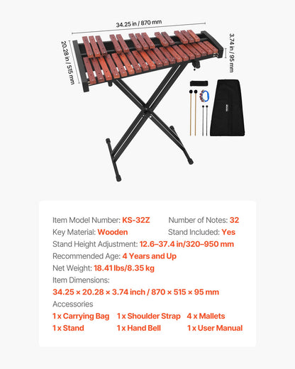 Klockspelsxylofon, 32 toner, professionellt xylofonslagverksinstrument i trä, med höjdjusterbart stativ, 4 klubbor, bärväska, musikinstrumentkit för nybörjare för vuxna och barn