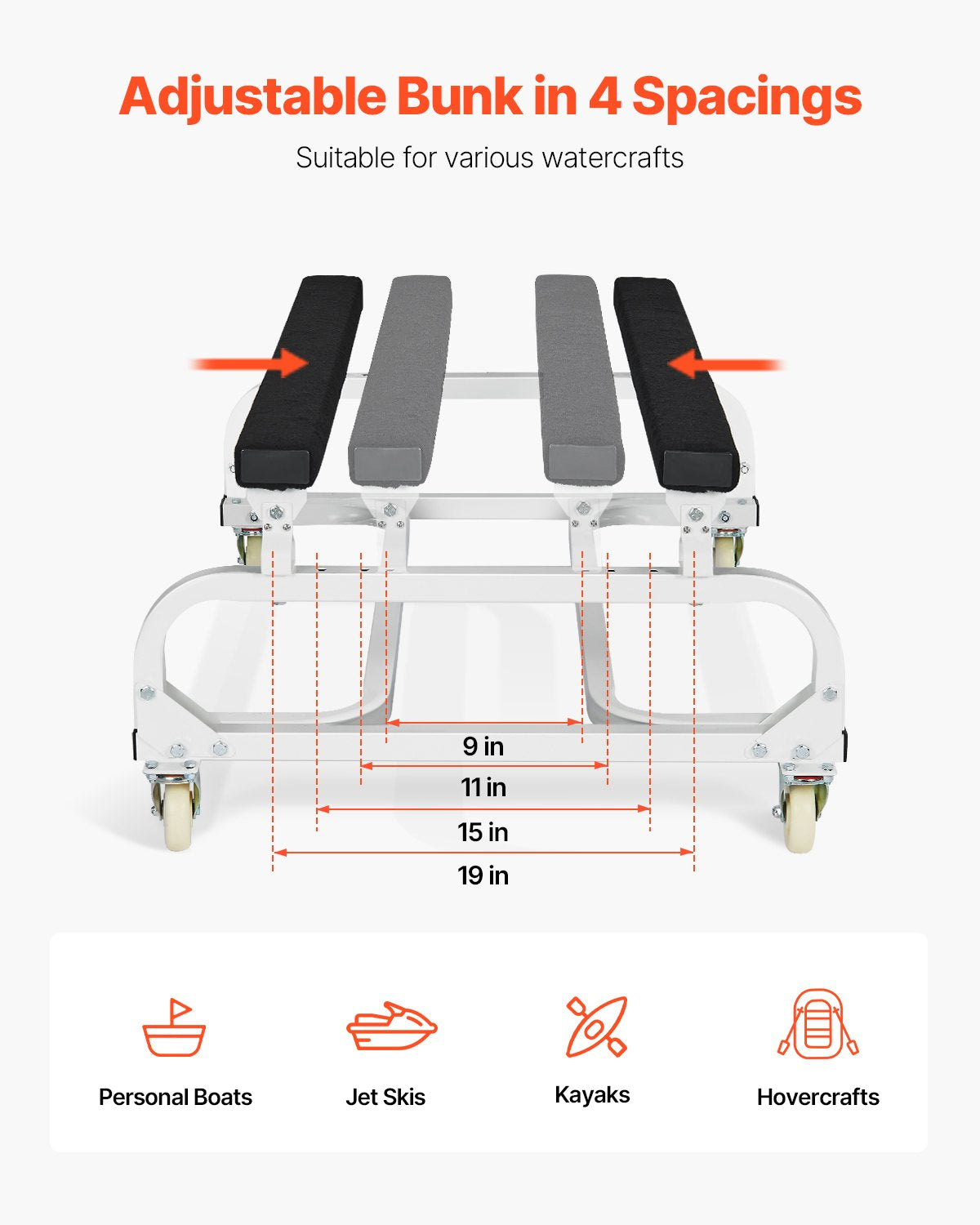 Vattenskotervagn, 450 kg lastkapacitet, vattenskoterställ, vattenskotervagn för att flytta vattenskoter, justerbara britsar med 4 hjul och 2 bromsar, kraftig vattenskotervagn för kajaker, vattenskotrar, motorbåtar