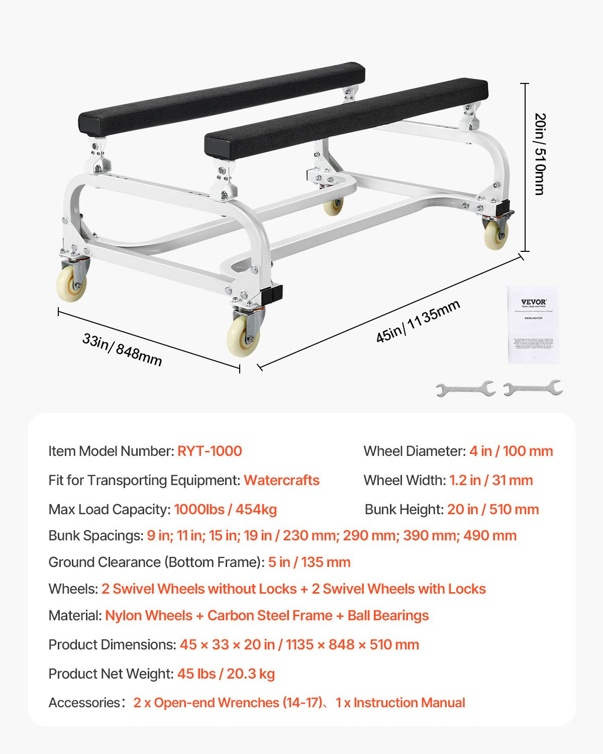 Vattenskotervagn, 450 kg lastkapacitet, vattenskoterställ, vattenskotervagn för att flytta vattenskoter, justerbara britsar med 4 hjul och 2 bromsar, kraftig vattenskotervagn för kajaker, vattenskotrar, motorbåtar