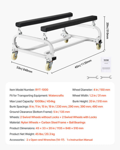 Vattenskotervagn, 450 kg lastkapacitet, vattenskoterställ, vattenskotervagn för att flytta vattenskoter, justerbara britsar med 4 hjul och 2 bromsar, kraftig vattenskotervagn för kajaker, vattenskotrar, motorbåtar