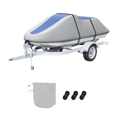 Vattenskoteröverdrag, 3200-3420 mm släpvagnsbart vattentätt PWC-överdrag, kraftigt 600D marint PU Oxford-tyg, UV-resistent Seadoo-överdrag med spännremmar, vattenskoteröverdrag, grå+blå